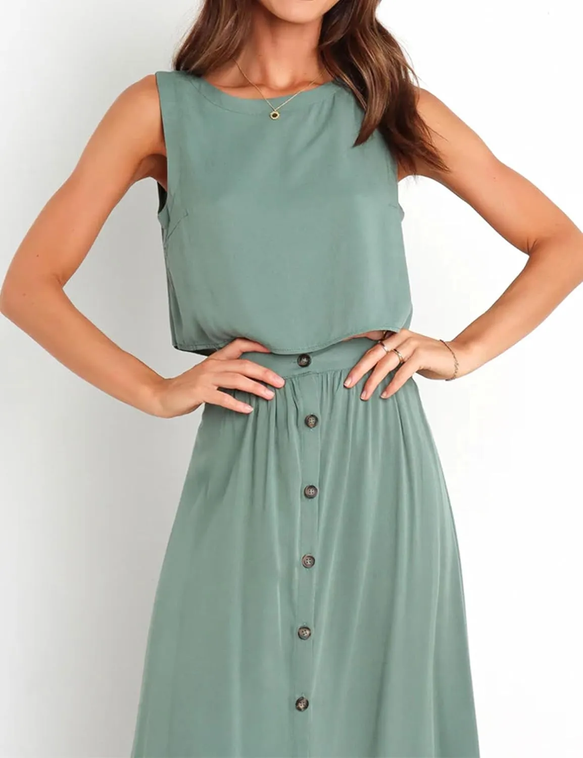 Bozanly Summer Skirt Sets for Women 2 Piece Outfits Sleeveless Crop Top Elastic Waist Button Maxi Dress Set 2025