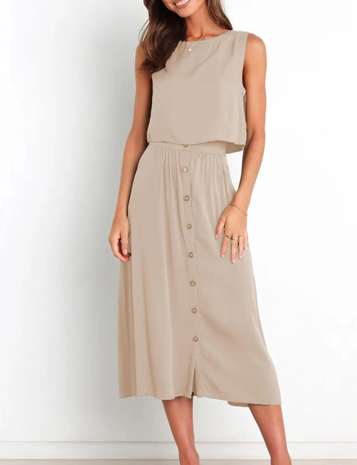 Bozanly Summer Skirt Sets for Women 2 Piece Outfits Sleeveless Crop Top Elastic Waist Button Maxi Dress Set 2025