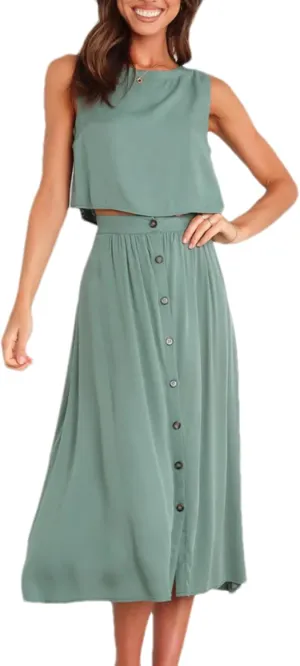 Bozanly Summer Skirt Sets for Women 2 Piece Outfits Sleeveless Crop Top Elastic Waist Button Maxi Dress Set 2025