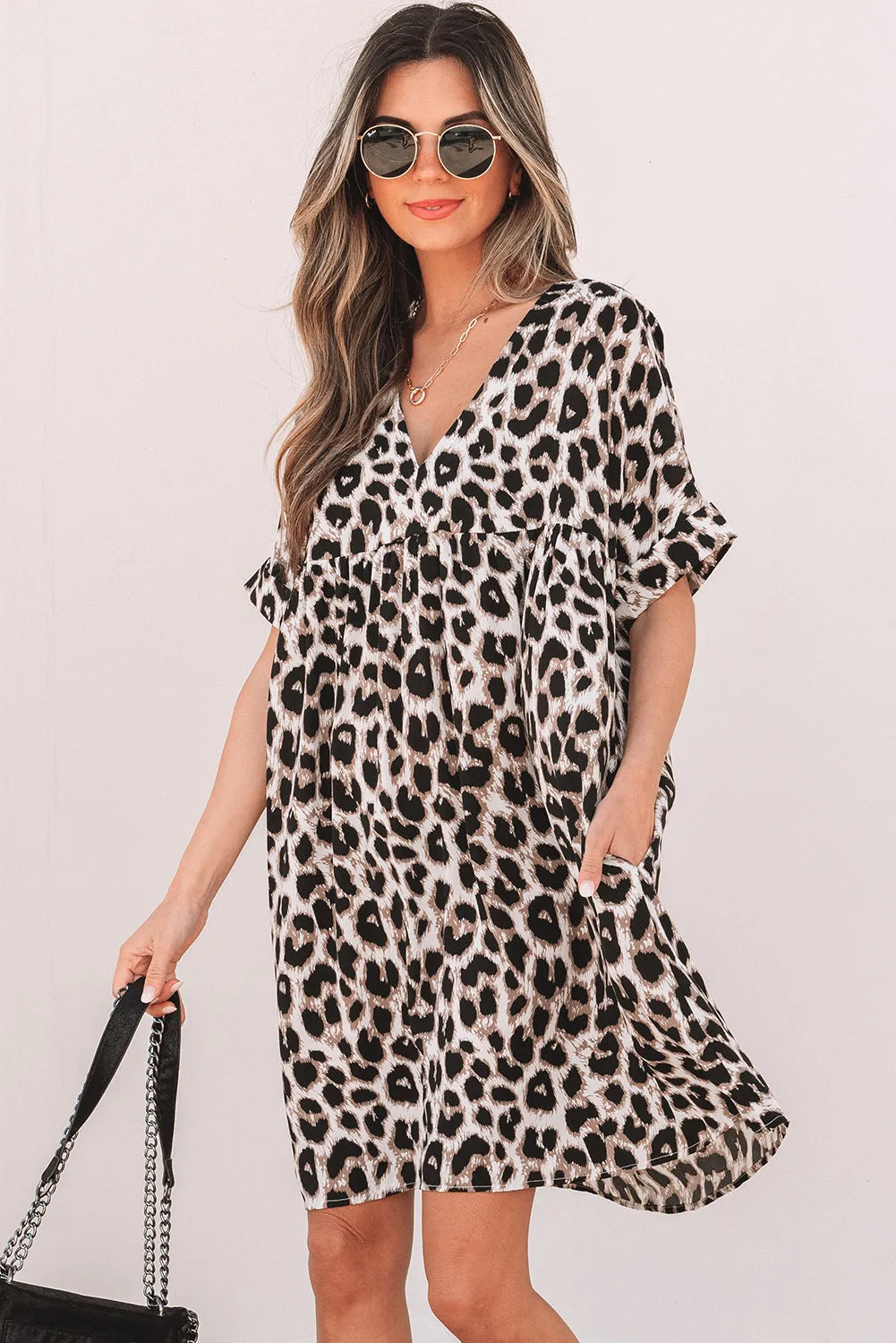 Brinley Cheetah Backless V Neck Loose Fit Mini Dress