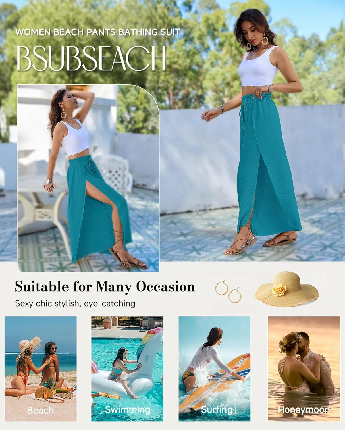 Bsubseach Swim Beach Cover Up Pants for Women Flowy Pant Wide Leg Bathing Suit Coverup Swimsuit Palazzo with Slits