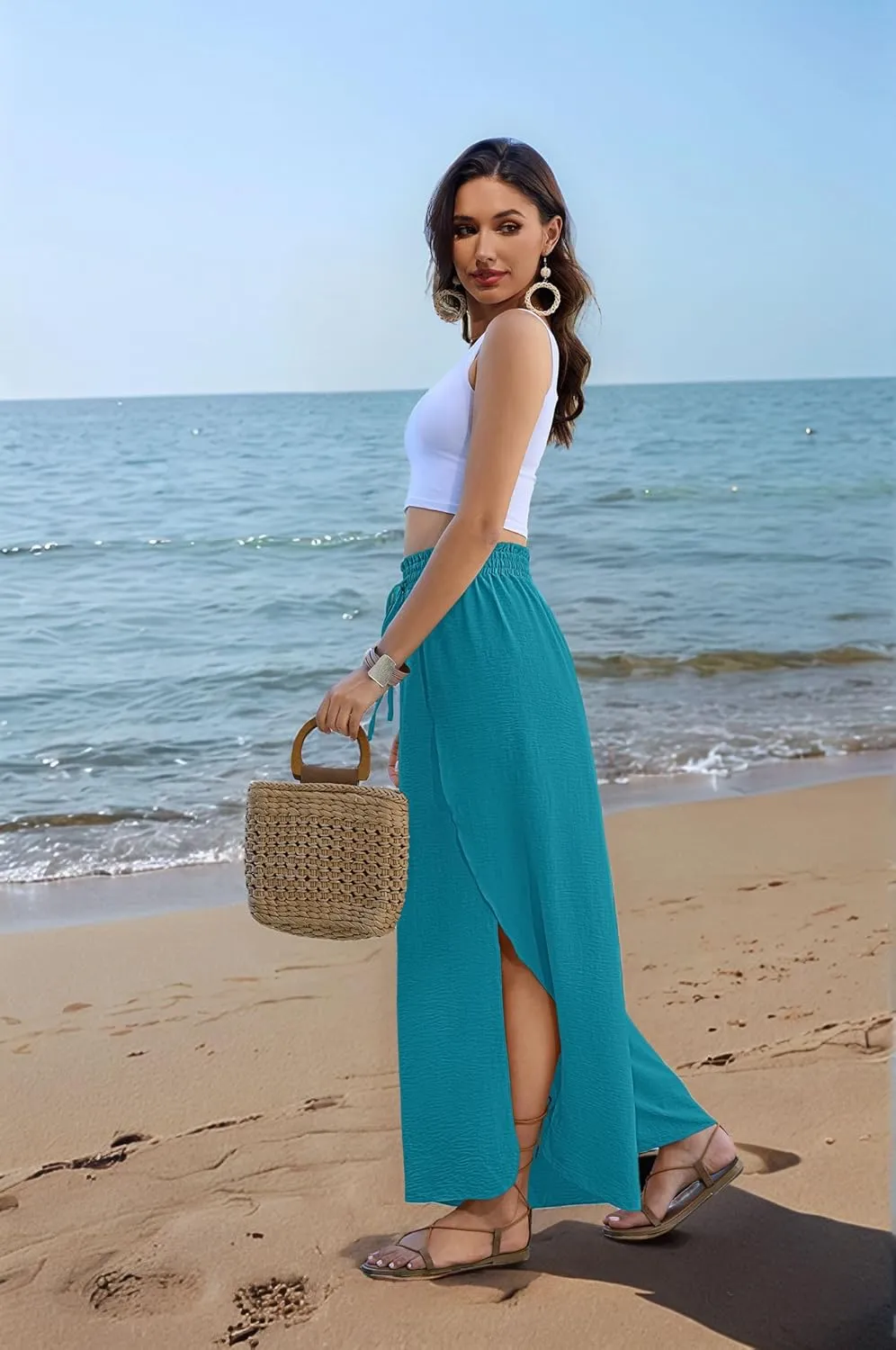 Bsubseach Swim Beach Cover Up Pants for Women Flowy Pant Wide Leg Bathing Suit Coverup Swimsuit Palazzo with Slits