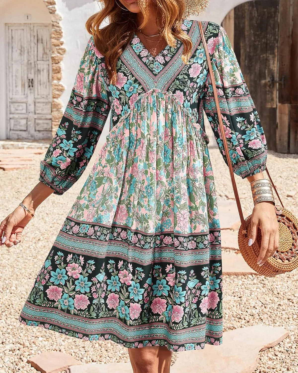BTFBM Women Casual Spring Summer Dresses V Neck 3/4 Long Sleeve Ruffle Floral Flowy Boho Babydoll Mini Short Beach Dress