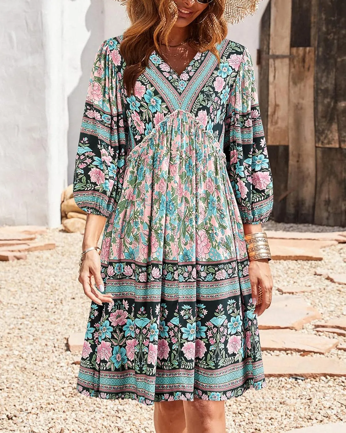 BTFBM Women Casual Spring Summer Dresses V Neck 3/4 Long Sleeve Ruffle Floral Flowy Boho Babydoll Mini Short Beach Dress