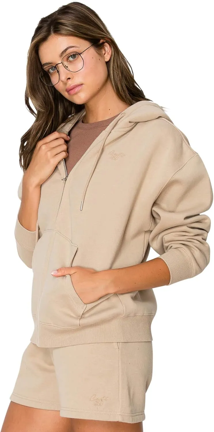 Cali1850 Women's Cloud Nine Fleece Zip Hoodie  Full Zip, Relaxed Boyfriend Fit, Double-Layer Hood, Ribbed Cuffs and Hem