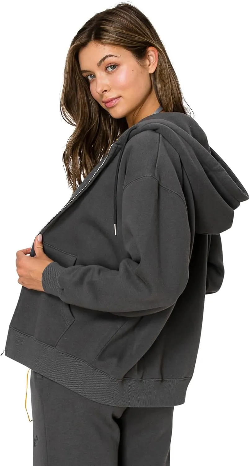 Cali1850 Women's Cloud Nine Fleece Zip Hoodie  Full Zip, Relaxed Boyfriend Fit, Double-Layer Hood, Ribbed Cuffs and Hem