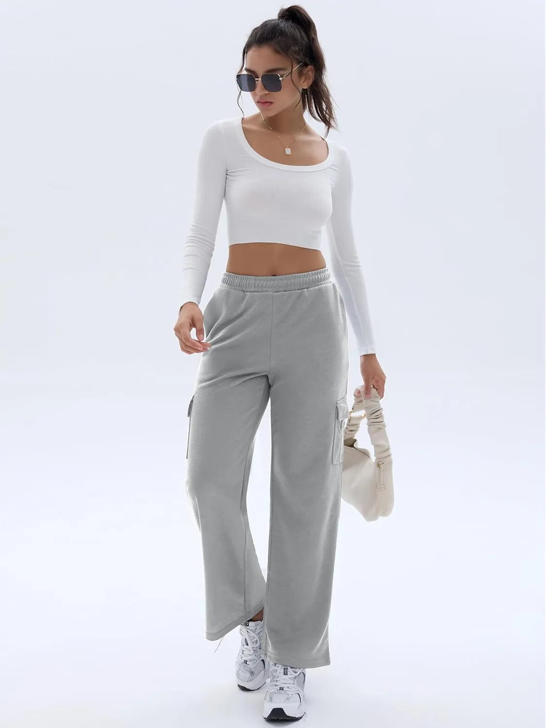 Cargo Sweatpants for Women High Waisted Wide Leg Cargo Pant Baggy Elastic Thicken with 6 Pockets