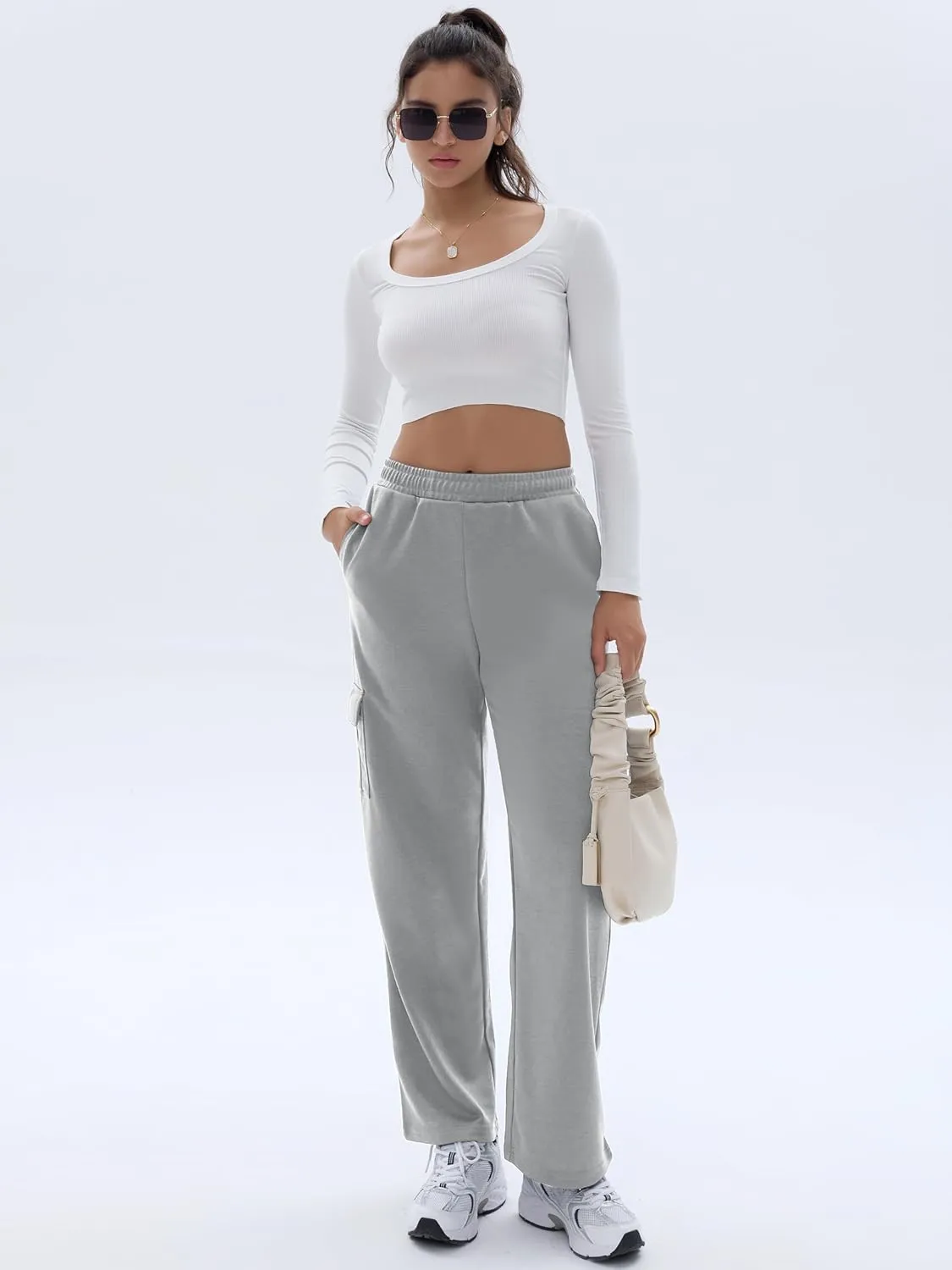 Cargo Sweatpants for Women High Waisted Wide Leg Cargo Pant Baggy Elastic Thicken with 6 Pockets