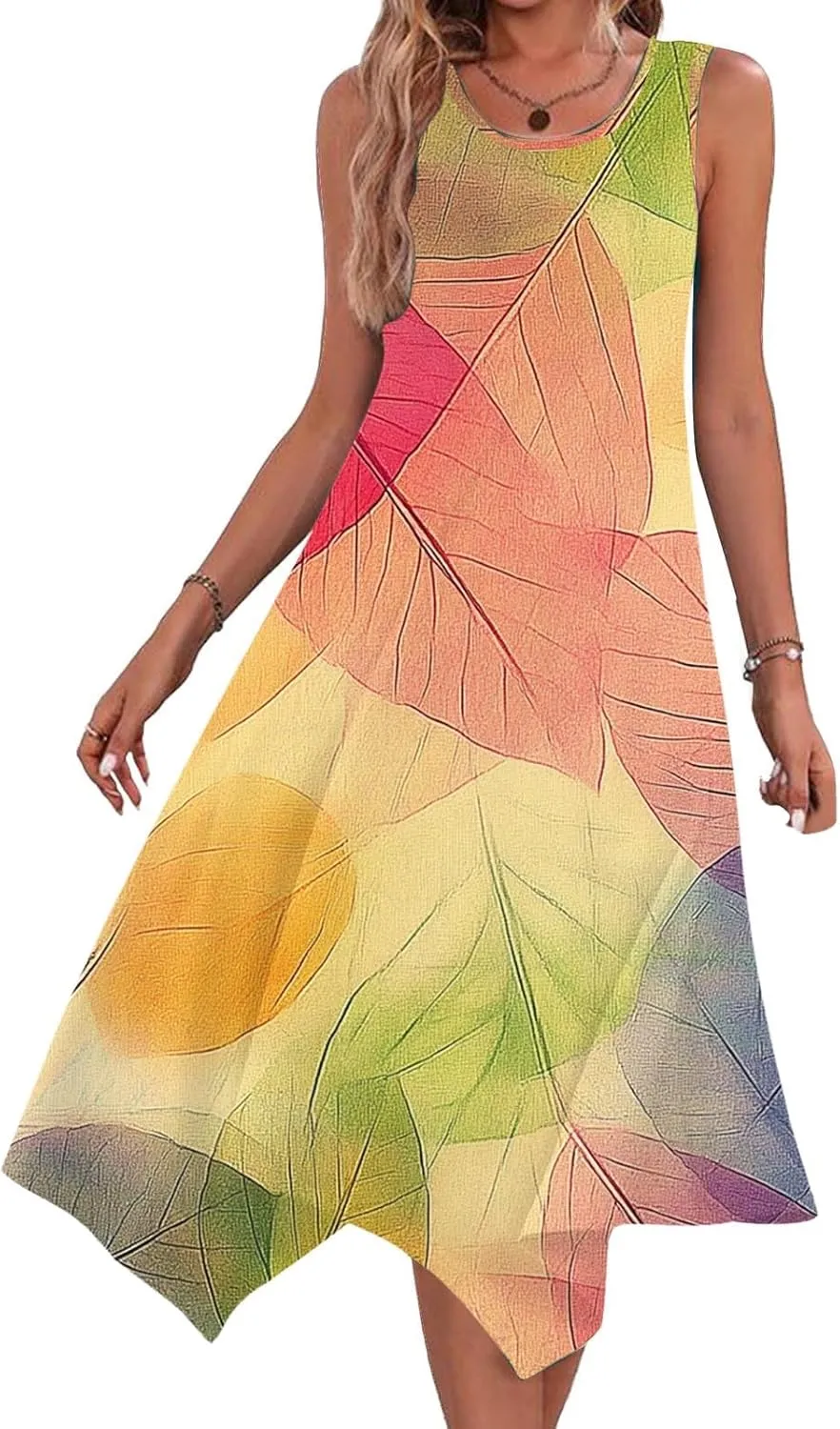 Casual Dresses for Women Summer Fashion Boho Floral Print Irregular Hem Sleeveless Round Neck Sundress Beach Dress
