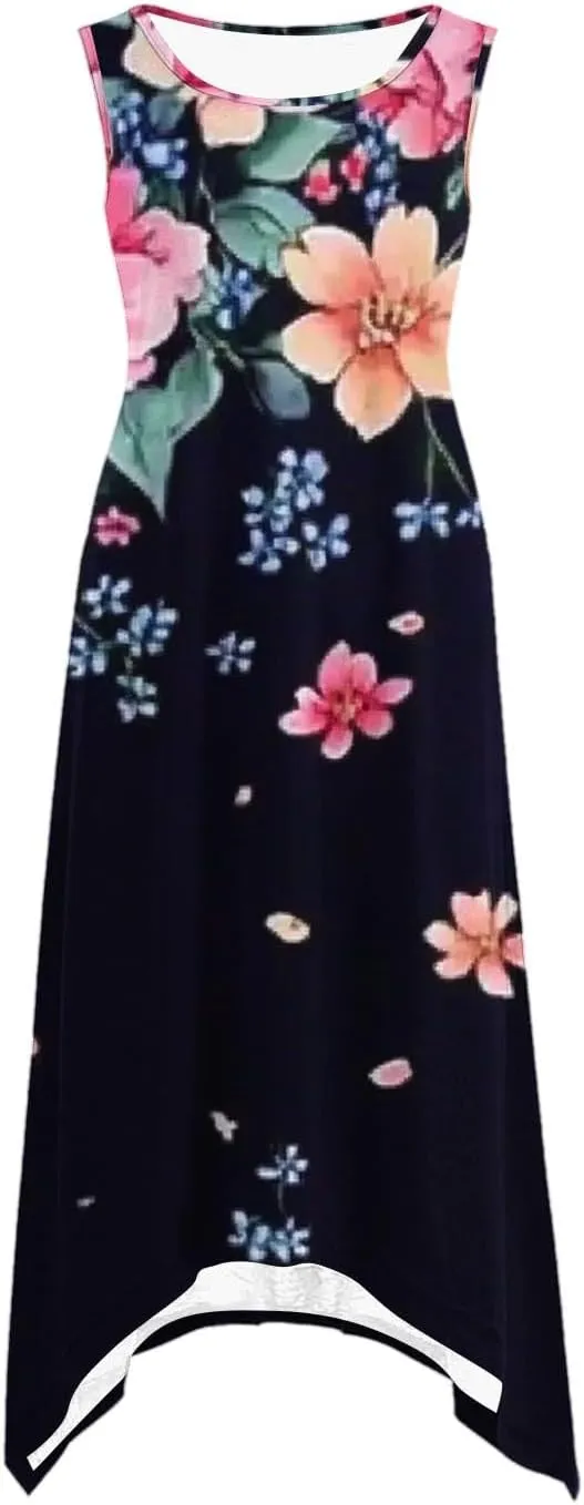 Casual Dresses for Women Summer Fashion Boho Floral Print Irregular Hem Sleeveless Round Neck Sundress Beach Dress