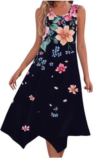 Casual Dresses for Women Summer Fashion Boho Floral Print Irregular Hem Sleeveless Round Neck Sundress Beach Dress