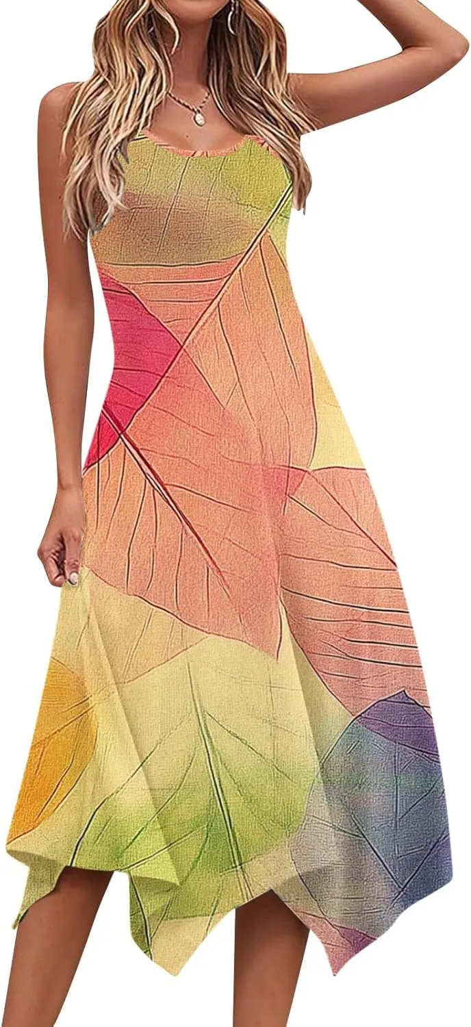 Casual Dresses for Women Summer Fashion Boho Floral Print Irregular Hem Sleeveless Round Neck Sundress Beach Dress
