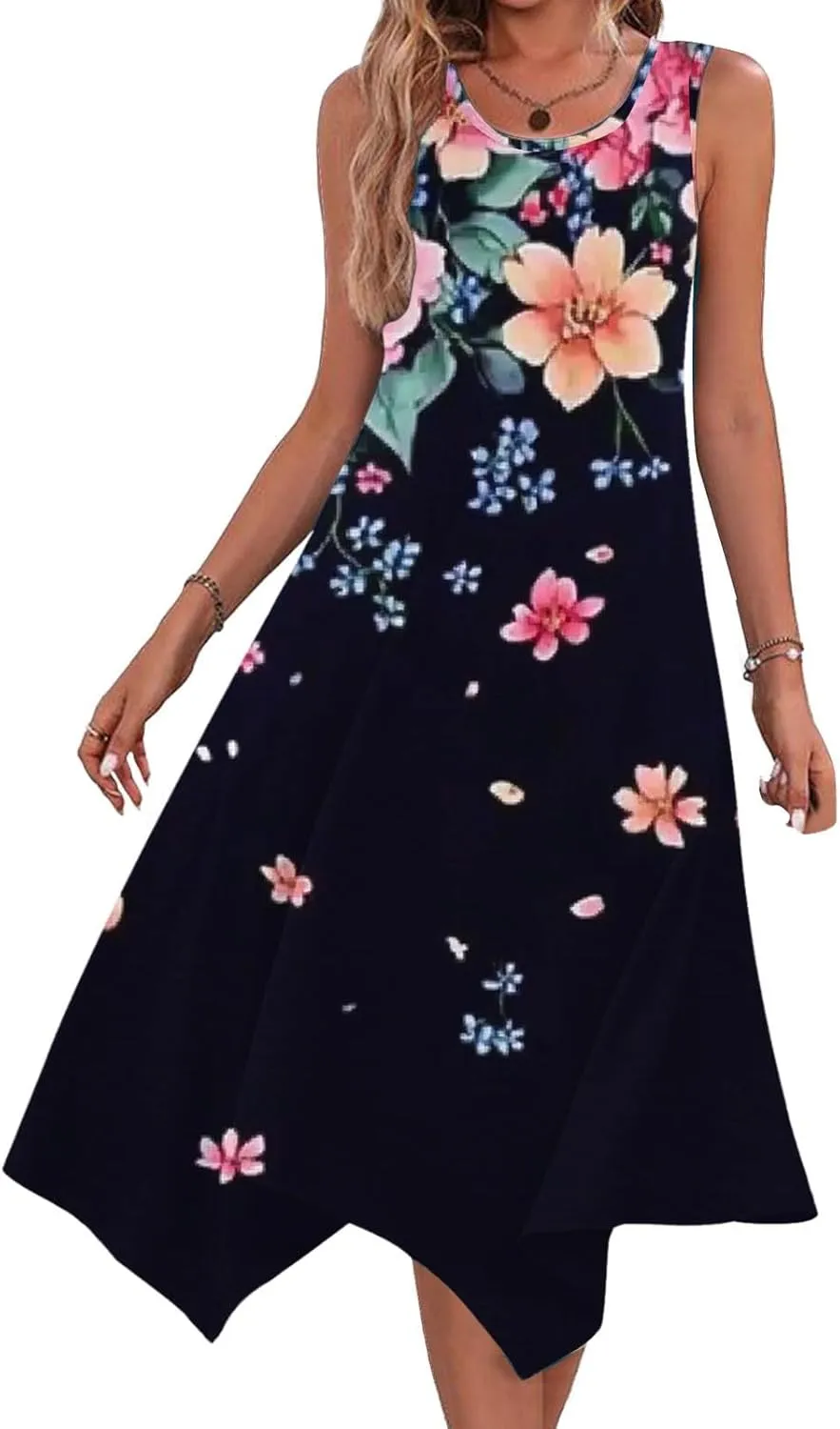 Casual Dresses for Women Summer Fashion Boho Floral Print Irregular Hem Sleeveless Round Neck Sundress Beach Dress