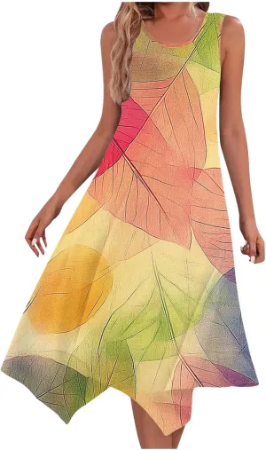 Casual Dresses for Women Summer Fashion Boho Floral Print Irregular Hem Sleeveless Round Neck Sundress Beach Dress