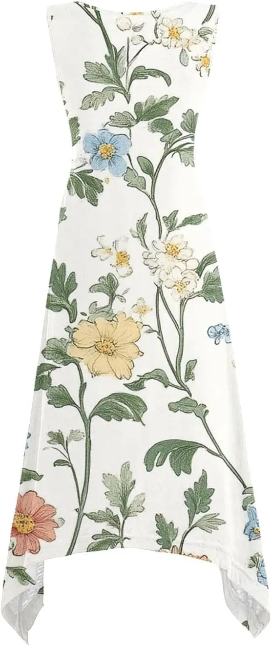 Casual Dresses for Women Summer Fashion Boho Floral Print Irregular Hem Sleeveless Round Neck Sundress Beach Dress