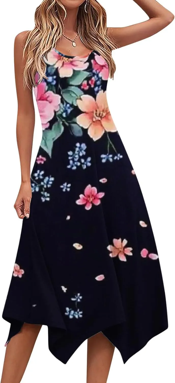 Casual Dresses for Women Summer Fashion Boho Floral Print Irregular Hem Sleeveless Round Neck Sundress Beach Dress