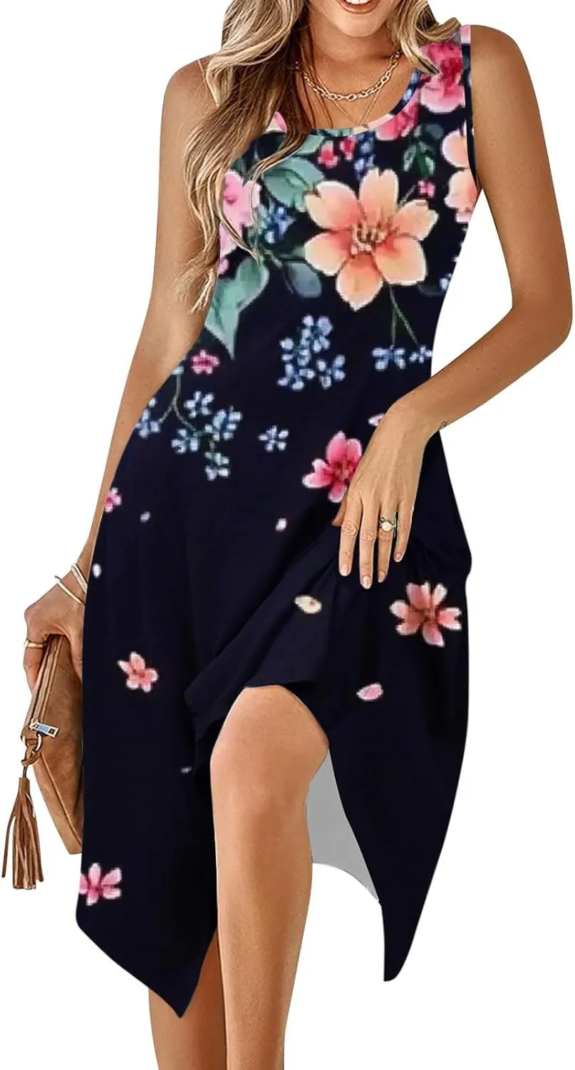 Casual Dresses for Women Summer Fashion Boho Floral Print Irregular Hem Sleeveless Round Neck Sundress Beach Dress