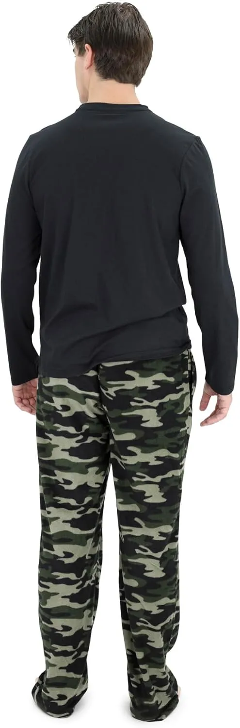 Cherokee Men's Pajama Set, Long Sleeve Cotton Top & Micro Fleece Pants, Breathable Cozy Loungewear