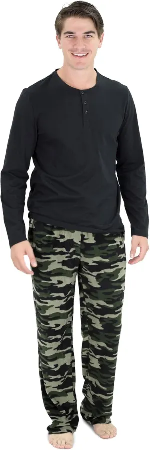Cherokee Men's Pajama Set, Long Sleeve Cotton Top & Micro Fleece Pants, Breathable Cozy Loungewear