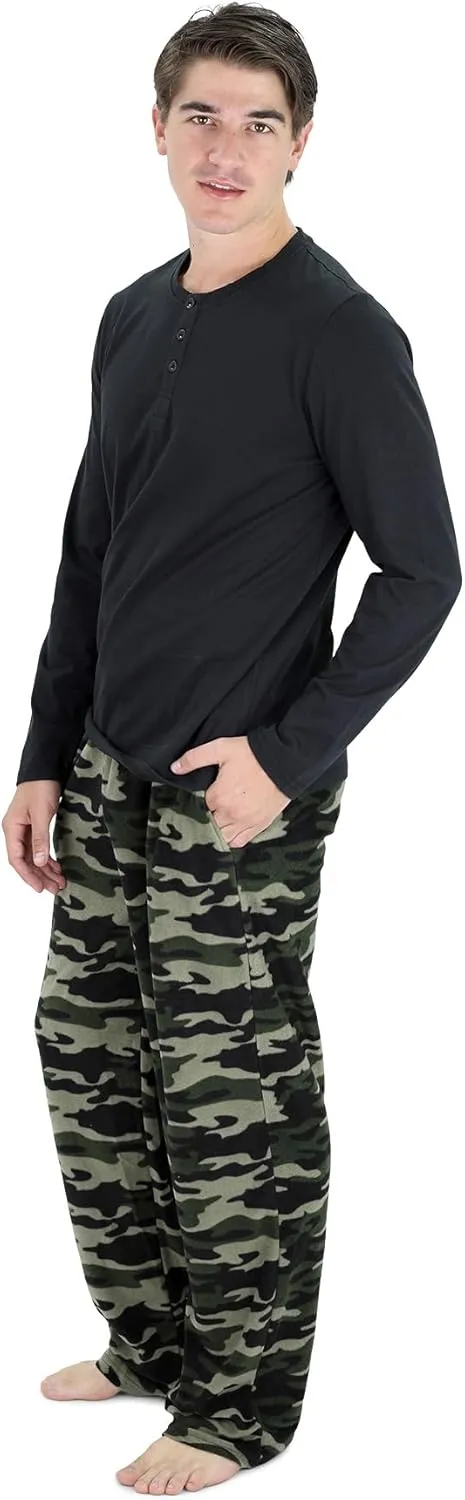 Cherokee Men's Pajama Set, Long Sleeve Cotton Top & Micro Fleece Pants, Breathable Cozy Loungewear