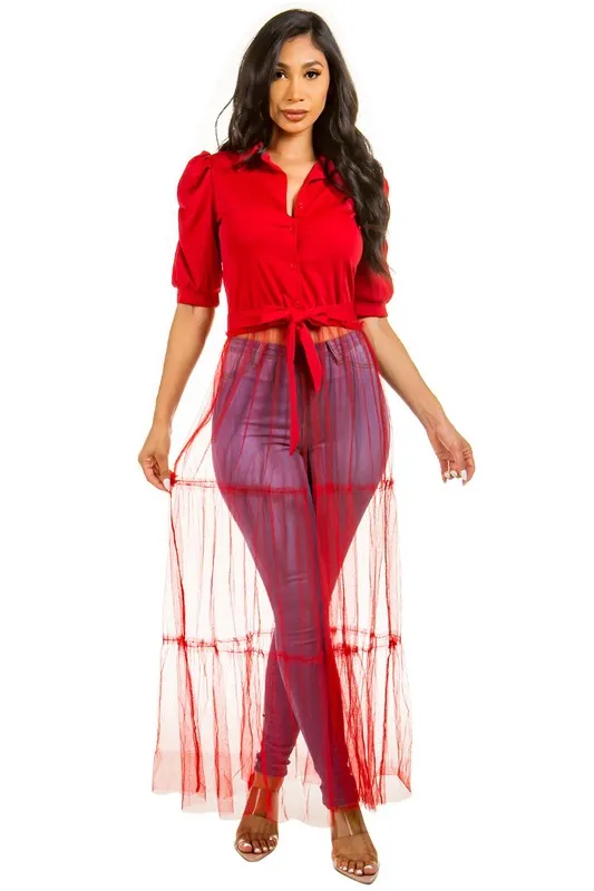 Chic Mesh Overlay Button-Up Top – Sexy & Stylish Statement Piece