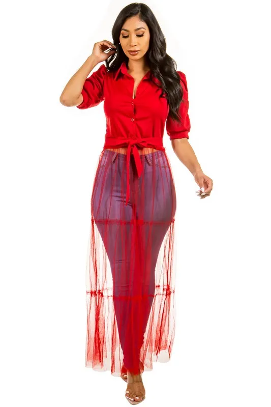 Chic Mesh Overlay Button-Up Top – Sexy & Stylish Statement Piece