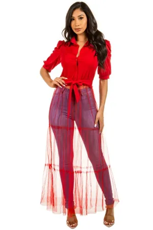 Chic Mesh Overlay Button-Up Top – Sexy & Stylish Statement Piece
