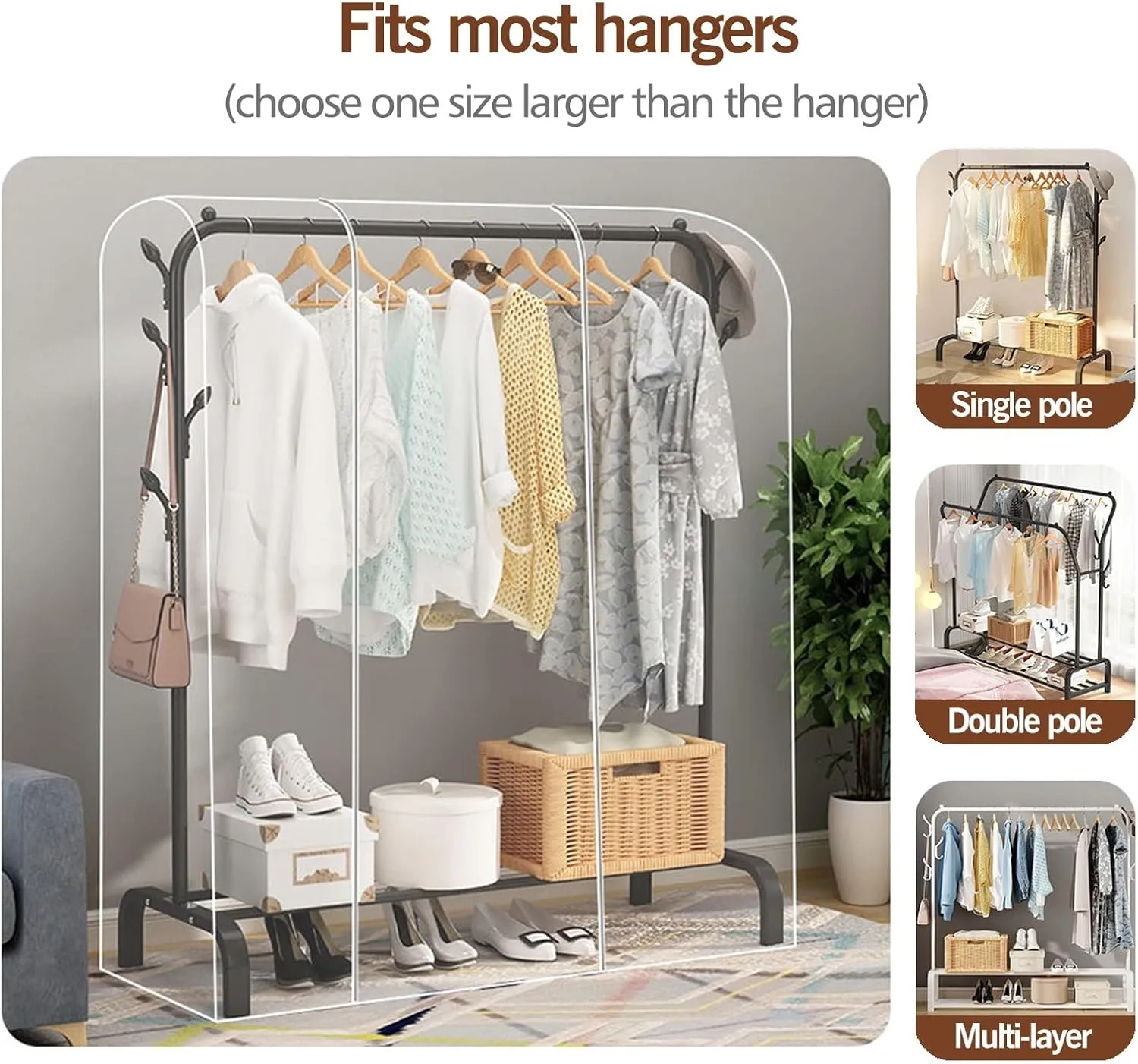 Clear Garment Bags for Hanging Clothes, Dust-Proof Garment Rack Cover, Washable Suit Bag for Suit Coats Shirts(90x50x150cm)