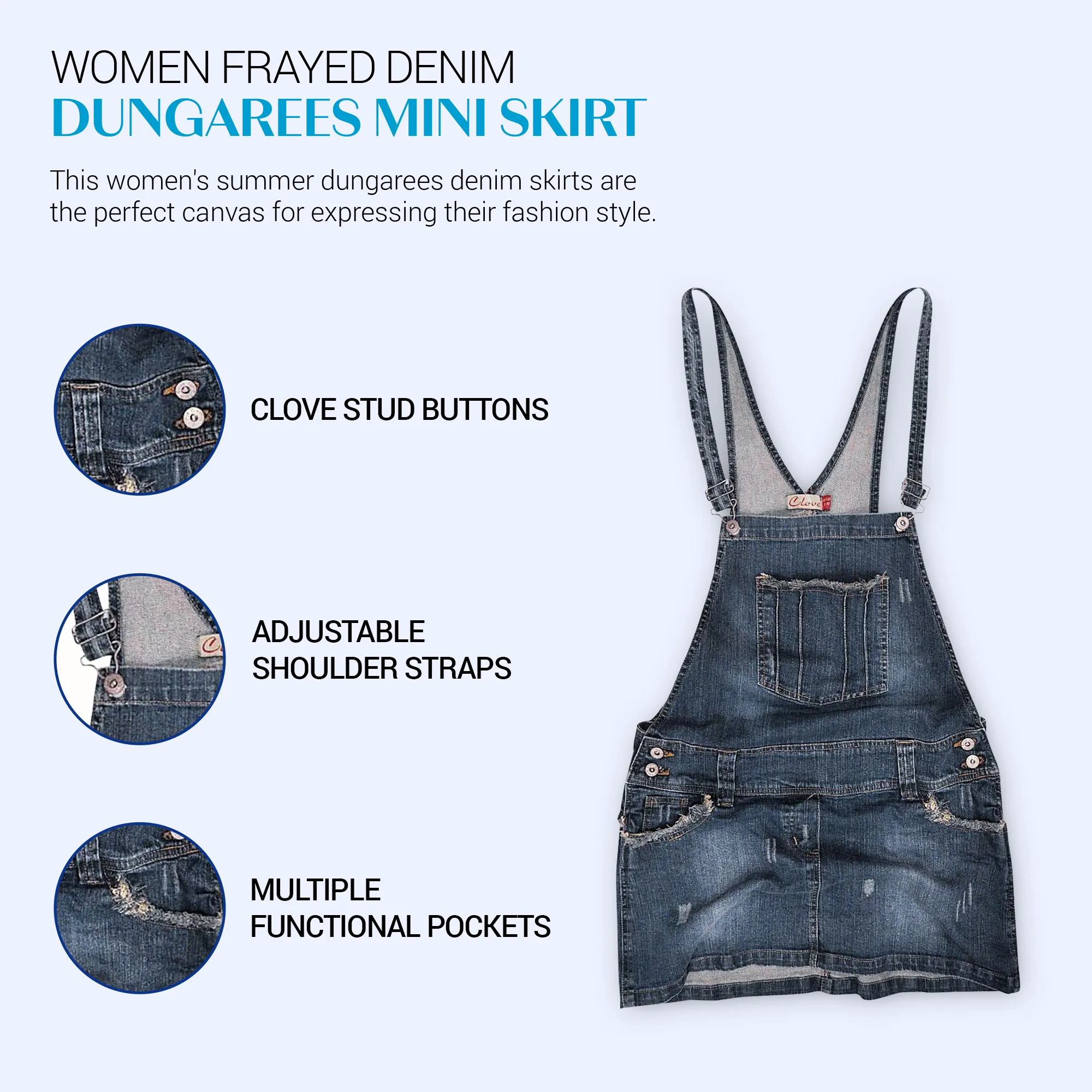 Clove Jeans Women Denim Short Dungarees Blue Mini Skirt Frayed Plus Size 8-22