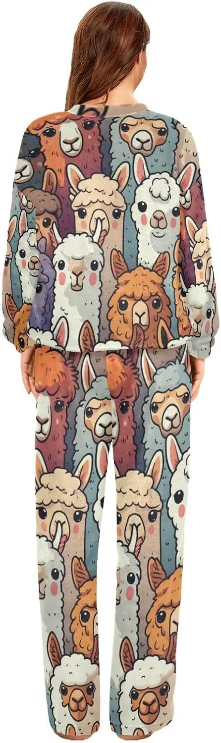 Colorful Alpaca Llama Animal Women's Pajama Set Long Sleeve Top Drawstring Pockets Pants Warm Cozy Loungewear,S