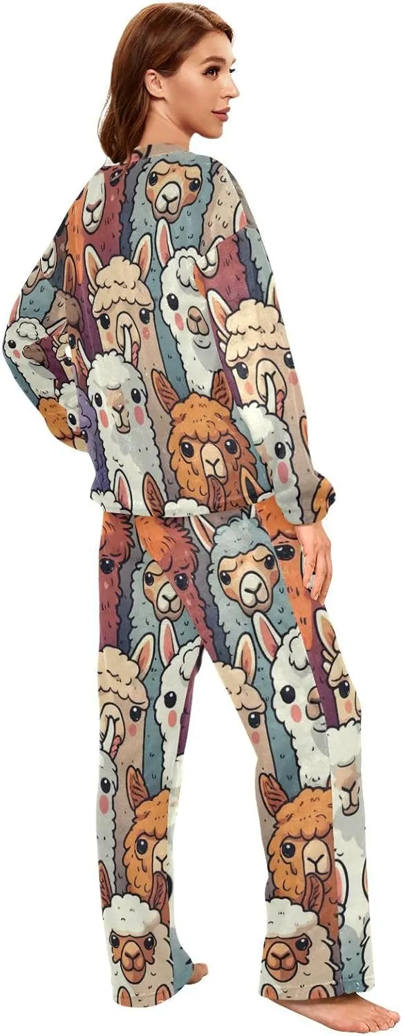 Colorful Alpaca Llama Animal Women's Pajama Set Long Sleeve Top Drawstring Pockets Pants Warm Cozy Loungewear,S