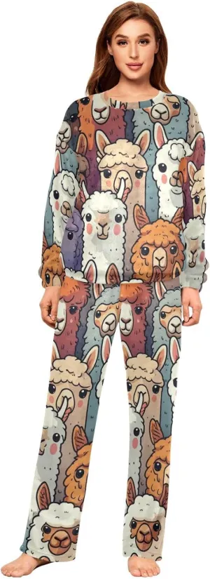 Colorful Alpaca Llama Animal Women's Pajama Set Long Sleeve Top Drawstring Pockets Pants Warm Cozy Loungewear,S