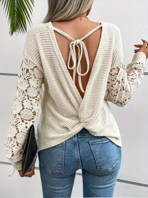 Contrast Lace Waffle Crew Neck T-shirt