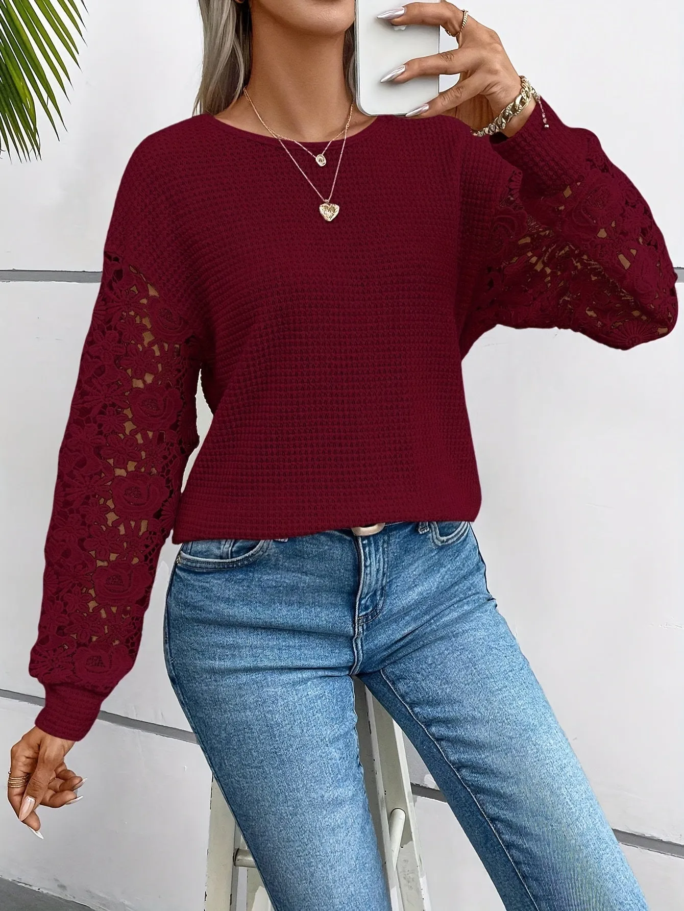 Contrast Lace Waffle Crew Neck T-shirt