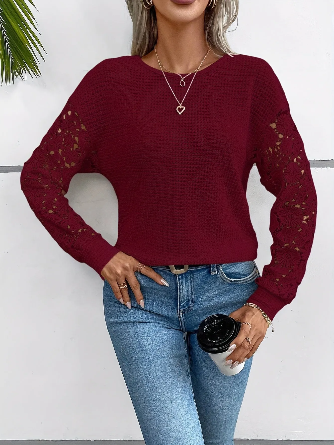 Contrast Lace Waffle Crew Neck T-shirt