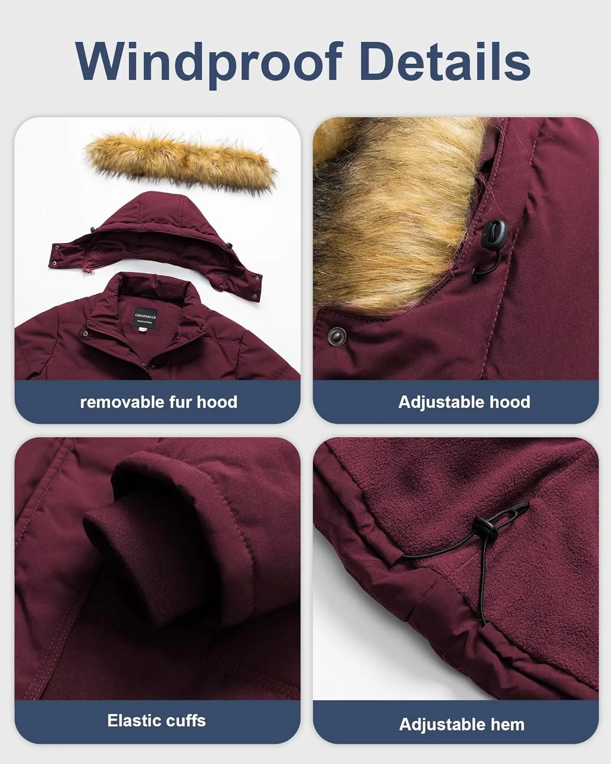 CREATMO US Women's Plus Size Puffer Jacket Waterproof Winter Coats Fleece Lined Detachable Fur Hood Available in 1X To 5X