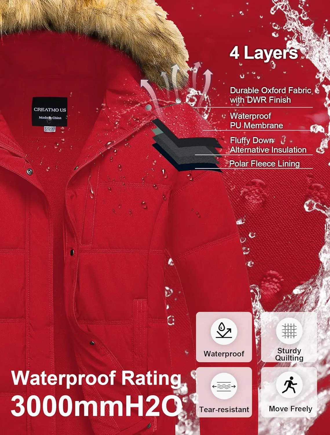 CREATMO US Women's Plus Size Puffer Jacket Waterproof Winter Coats Fleece Lined Detachable Fur Hood Available in 1X To 5X