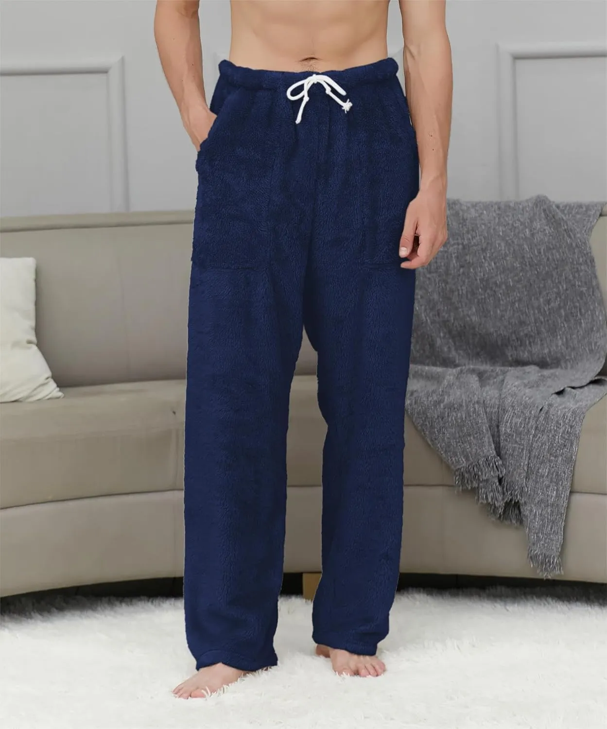 Cromoncent Men's Plush Warm Pajama Pants, Winter Cozy Fleece Lounge Sleepwear Pj Bottoms