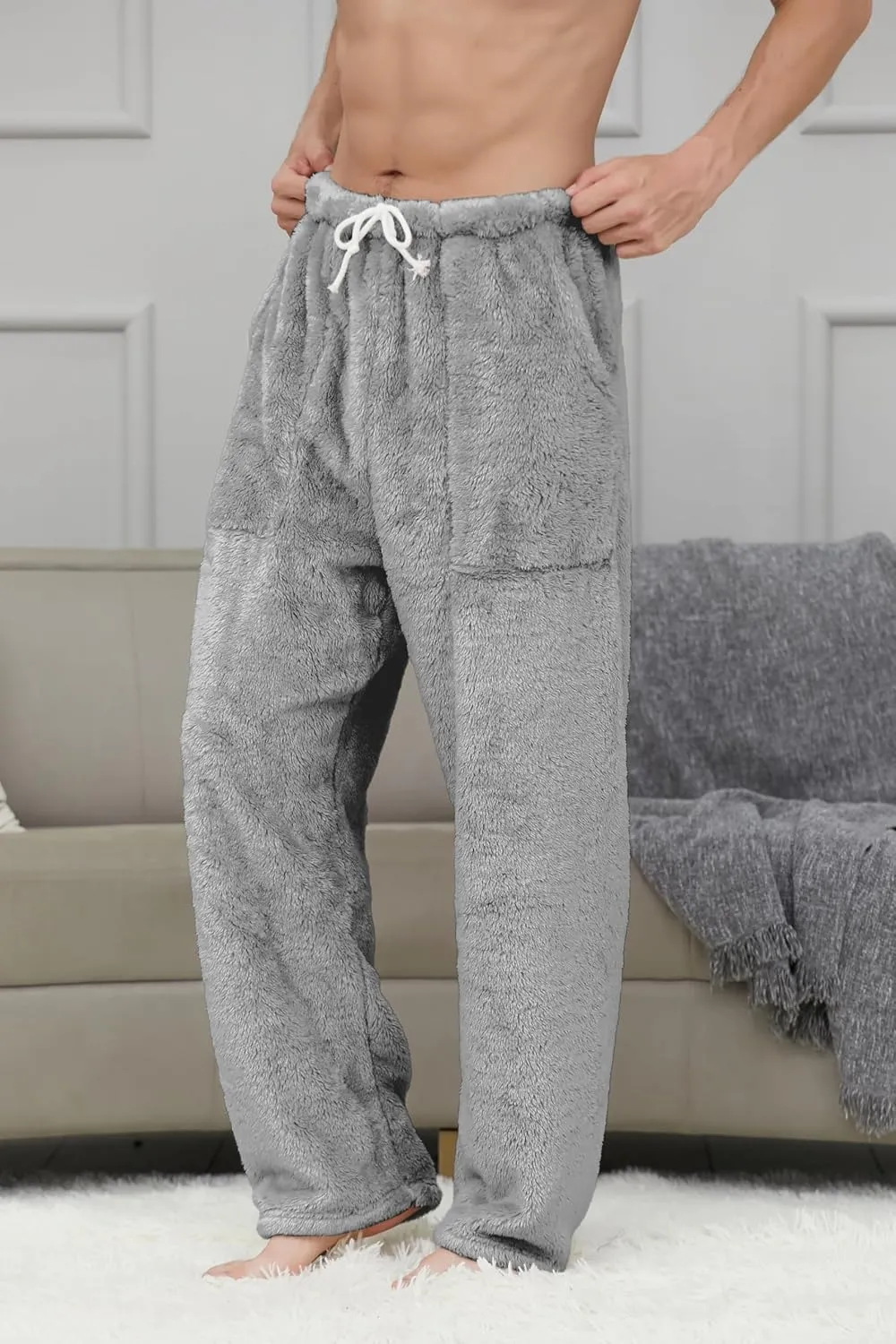 Cromoncent Men's Plush Warm Pajama Pants, Winter Cozy Fleece Lounge Sleepwear Pj Bottoms
