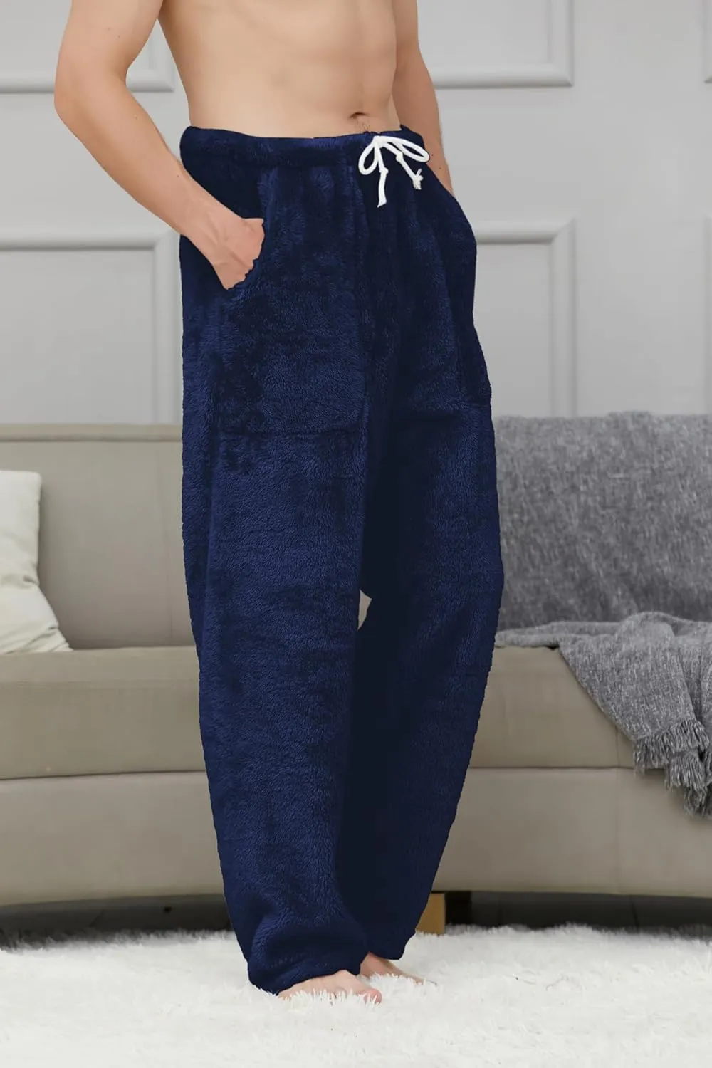 Cromoncent Men's Plush Warm Pajama Pants, Winter Cozy Fleece Lounge Sleepwear Pj Bottoms