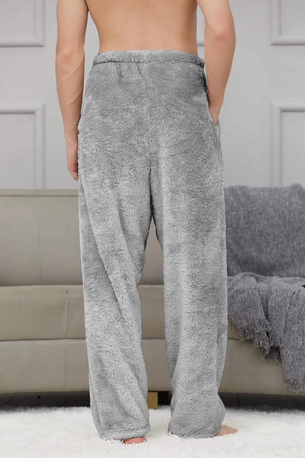 Cromoncent Men's Plush Warm Pajama Pants, Winter Cozy Fleece Lounge Sleepwear Pj Bottoms