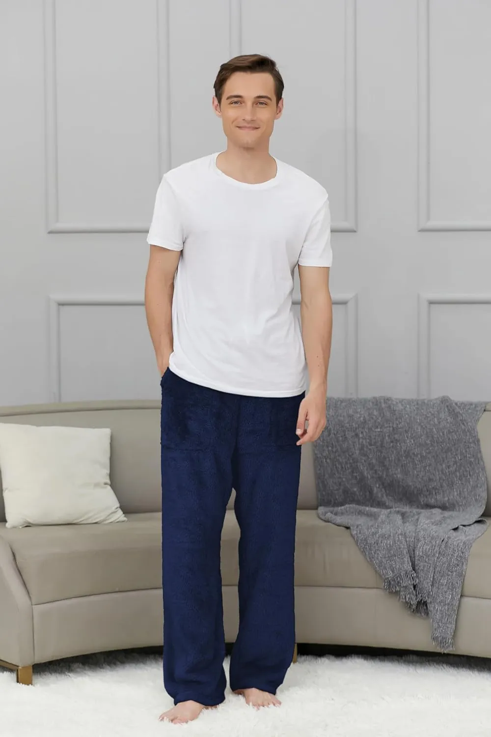 Cromoncent Men's Plush Warm Pajama Pants, Winter Cozy Fleece Lounge Sleepwear Pj Bottoms