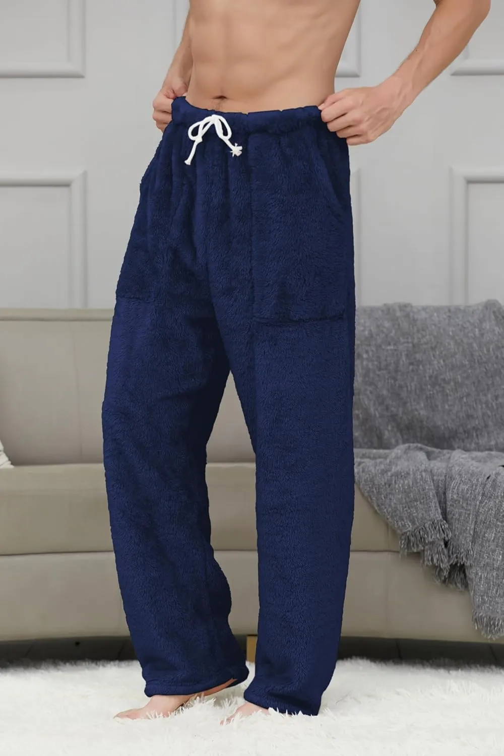 Cromoncent Men's Plush Warm Pajama Pants, Winter Cozy Fleece Lounge Sleepwear Pj Bottoms