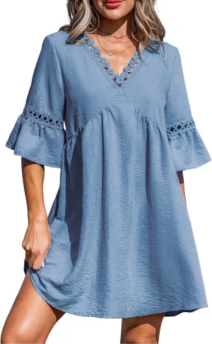 CUPSHE Women V Neck Lace Trim Mini Summer Dress Cover Up 3/4 Sleeve Ruffled Cuff Casual Sundress Beach Dresses Cover Ups