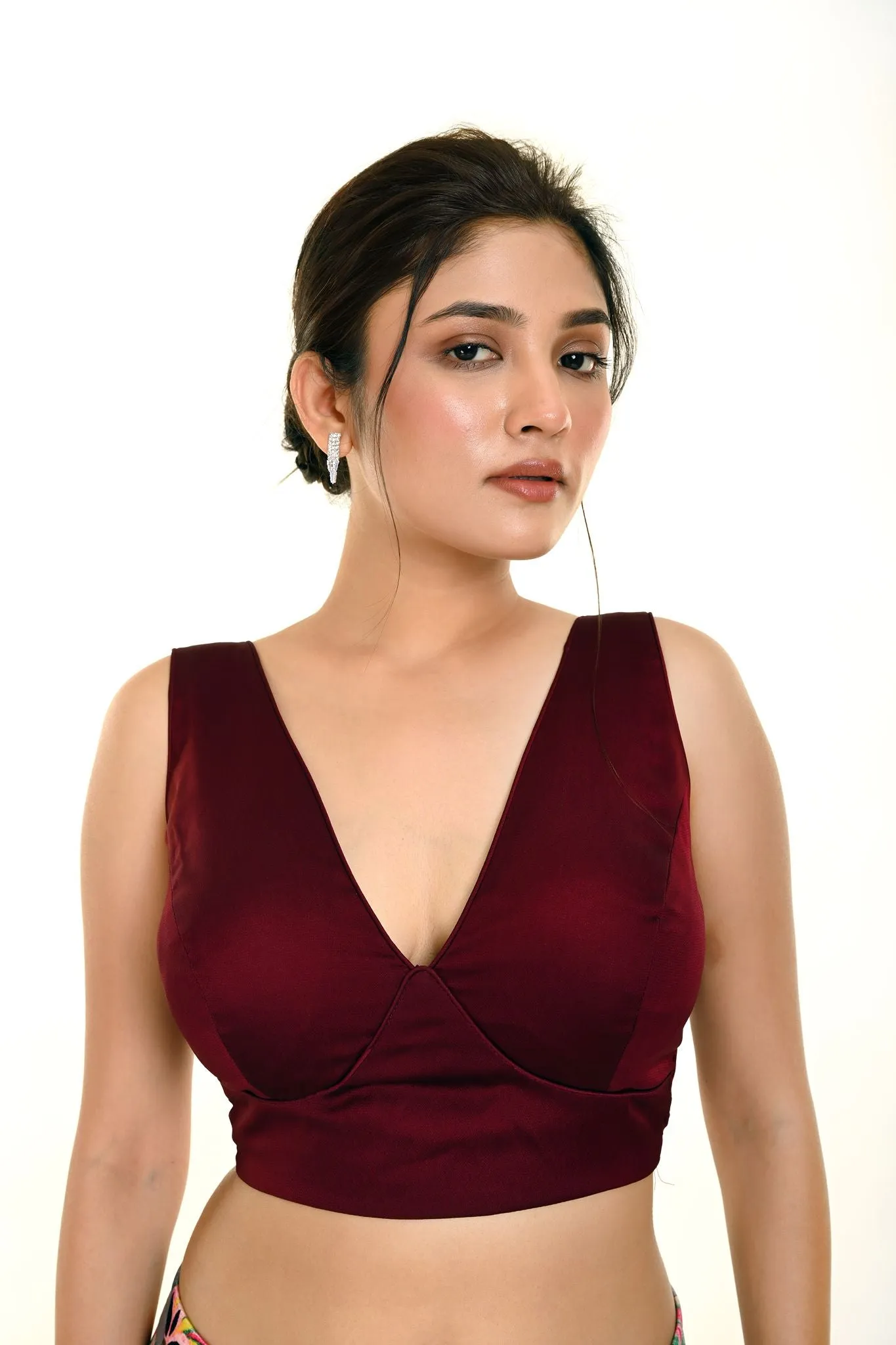 Dark Maroon Sleeveless Silk Organza Blouse in Deep V Neckline