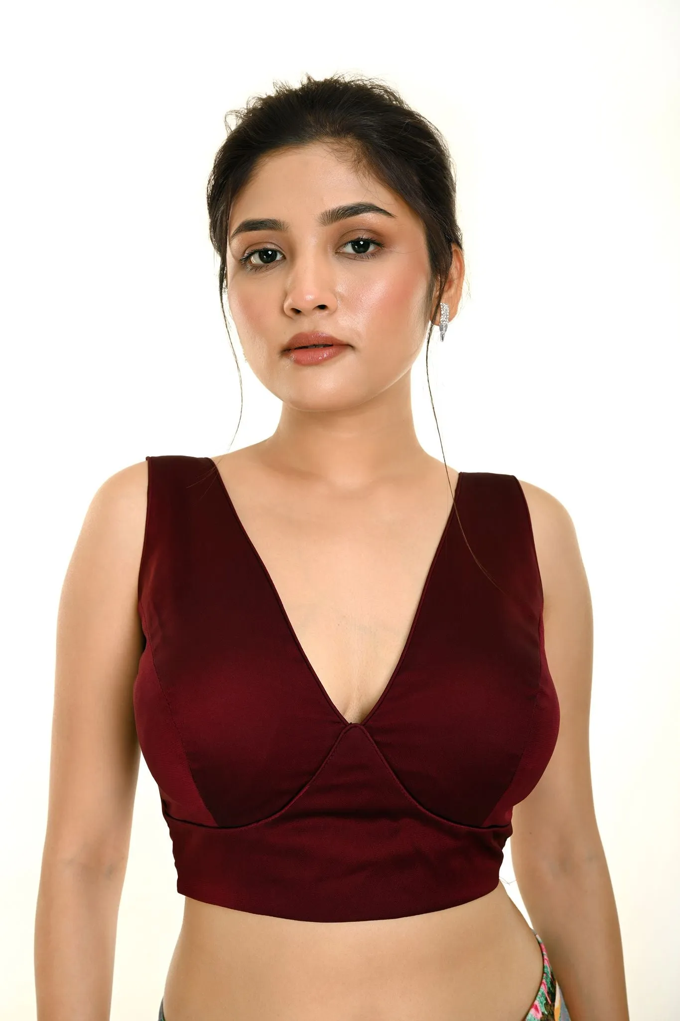 Dark Maroon Sleeveless Silk Organza Blouse in Deep V Neckline
