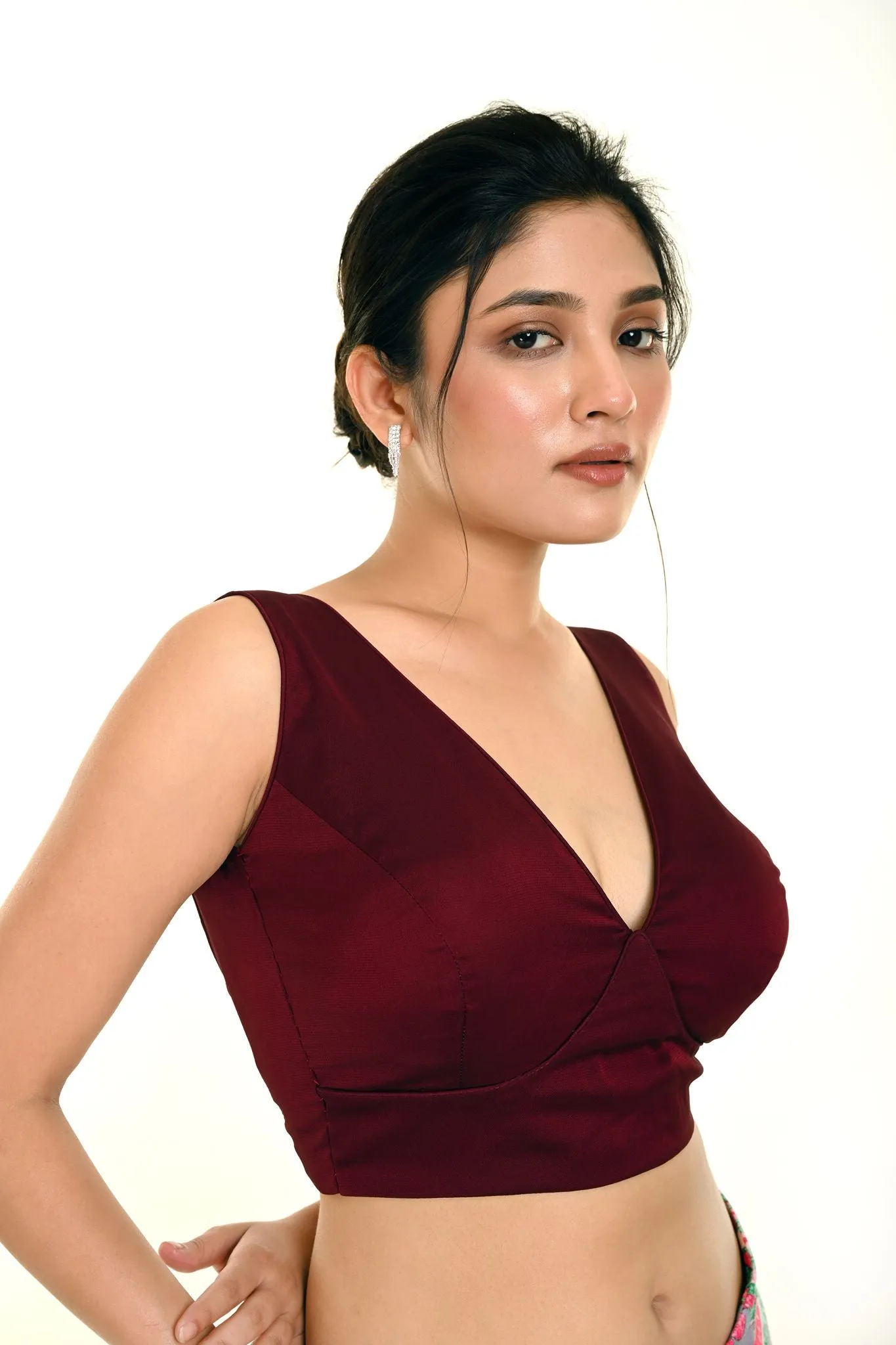 Dark Maroon Sleeveless Silk Organza Blouse in Deep V Neckline