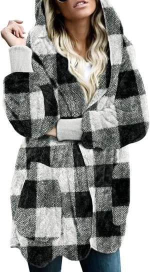 Dokotoo Womens 2024 Winter Long Sleeve Solid Fuzzy Fleece Open Front Hooded Cardigans Jacket Coats Outerwear with Pocket