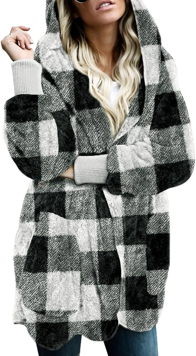 Dokotoo Womens 2024 Winter Long Sleeve Solid Fuzzy Fleece Open Front Hooded Cardigans Jacket Coats Outerwear with Pocket