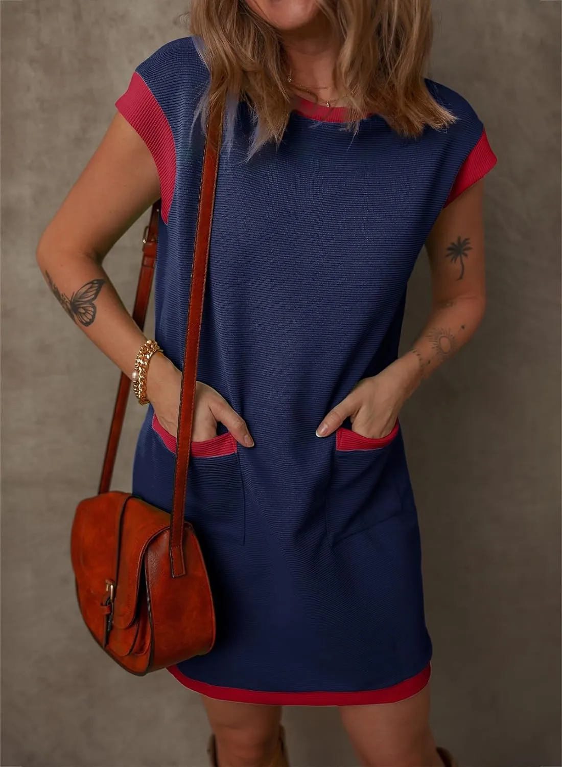 Dokotoo Women's Casual Summer Dresses Fashion Cap Sleeve Color Block Crewneck Shift Tshirt Mini Dress